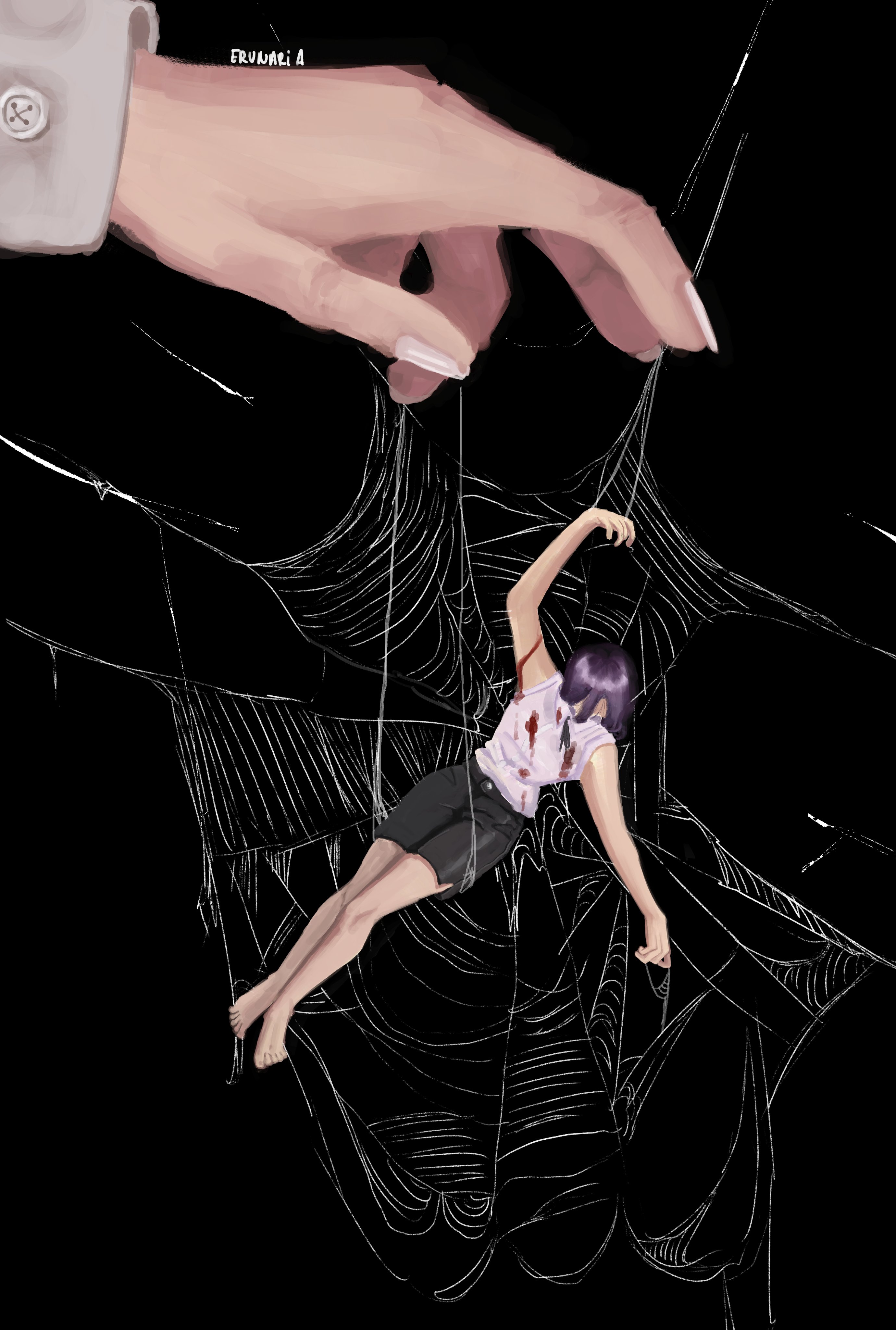 makima (chainsaw man), reze (chainsaw man), chainsaw man, absurdres, highres, black necktie, braid, braided ponytail, bug, erunaria7, hand up, high-waist pants, necktie, office lady, pants, purple hair, ringed eyes, sidelocks, spider