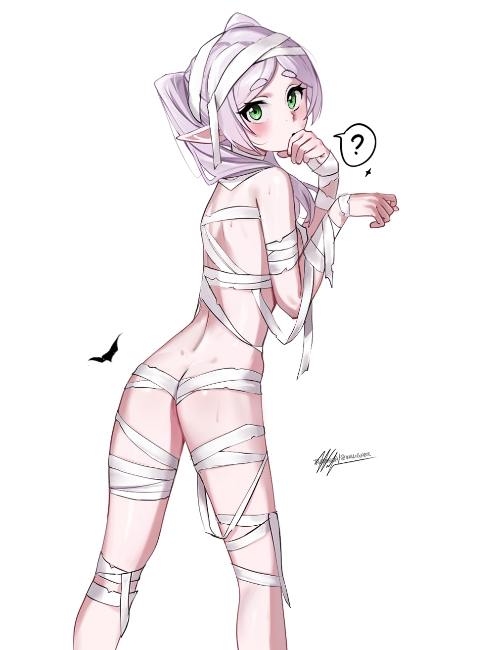 waligner, frieren, sousou no frieren, highres, 1girl, ?, ass, bandaged arm, bandaged chest, bandaged hand, bandaged head, bandaged leg, bandaged torso, bandages, bat (animal), elf, green eyes, grey hair, halloween, halloween costume, looking at viewer, mummy costume, naked bandage, petite, pointy ears, robe, simple background, solo, speech bubble, spoken question mark, white background