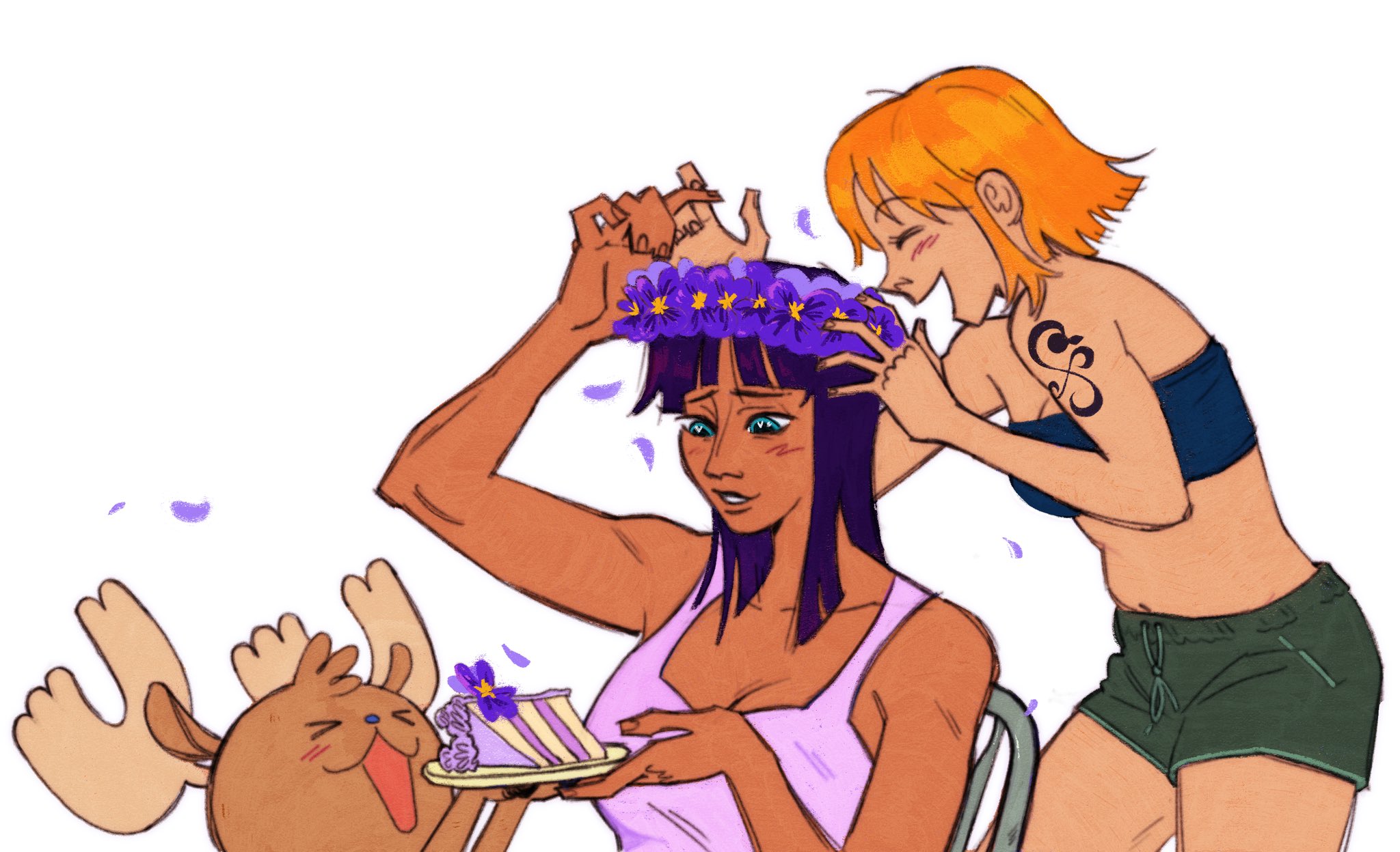 0000alisa, nami (one piece), nico robin, tony tony chopper, one piece, commentary, english commentary, highres, > <, 1boy, 2girls, antlers, arm tattoo, bandeau, blue bandeau, blue eyes, blue nose, blunt bangs, blush, cake, cake slice, falling petals, flower wreath, food, holding, holding plate, horns, multiple girls, orange hair, petals, plate, purple petals, reindeer antlers, short hair, shorts, smile, tank top, tattoo, white background