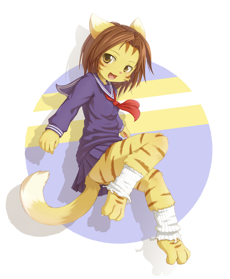 ka (pixiv341010), kagerofu, nonomura uriko, bloody roar, bad id, bad pixiv id, 1girl, animal ears, animal hands, barefoot, body fur, bottomless, brown eyes, brown hair, cat ears, cat tail, claws, female focus, furry, furry female, leg warmers, open mouth, school uniform, shadow, short hair, skirt, smile, socks, solo, tail, yellow eyes
