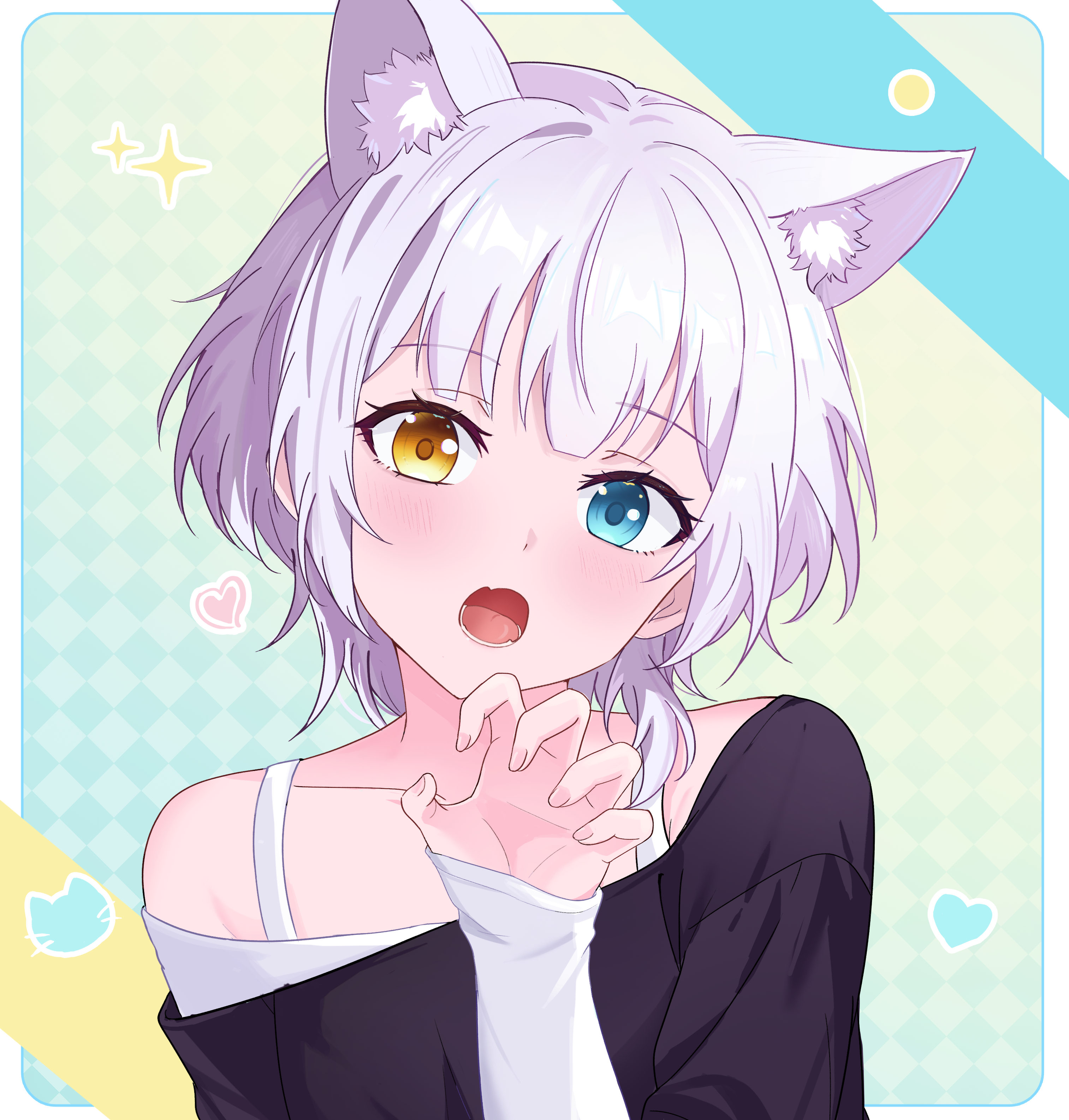 xiongji z z, kaname raana, bang dream!, bang dream! it's mygo!!!!!, absurdres, highres, 1girl, animal ear fluff, animal ears, black shirt, blue eyes, blush, brown eyes, cat ears, collarbone, fang, head tilt, heterochromia, kemonomimi mode, long sleeves, off-shoulder shirt, off shoulder, open mouth, shirt, short hair, skin fang, sleeves past wrists, solo, upper body, white hair, white sleeves