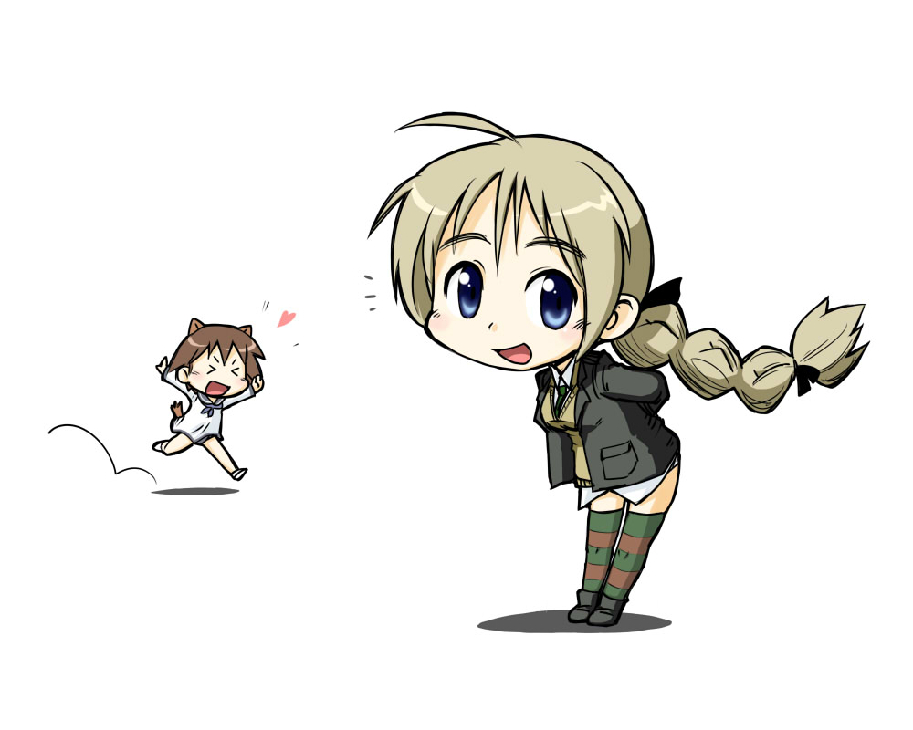 rif, lynette bishop, miyafuji yoshika, strike witches, world witches series, striped legwear, bad id, bad pixiv id, > <, 00s, 2girls, ahoge, animal ears, blonde hair, blue eyes, brown hair, chibi, closed eyes, multiple girls, ponytail, school uniform, serafuku, simple background, striped clothes, striped thighhighs, tail, thighhighs