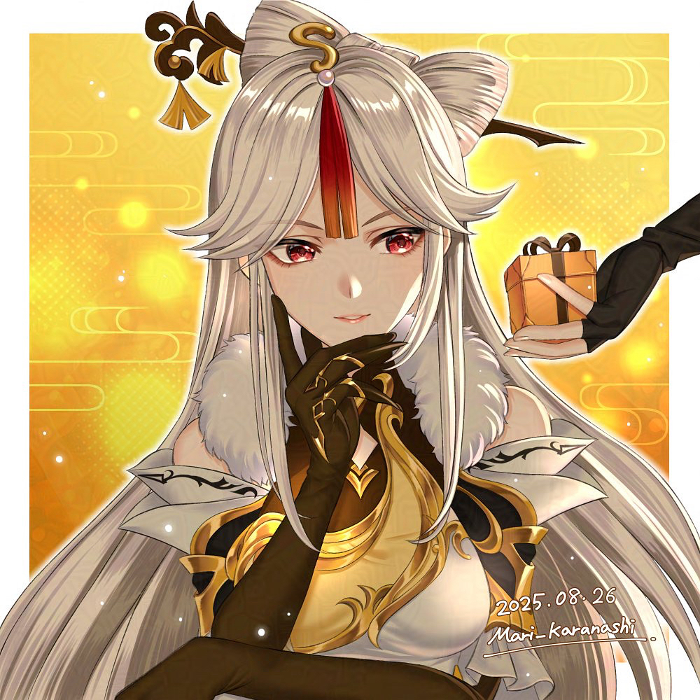karanashi mari, ningguang (genshin impact), genshin impact, 1girl, 1other, 2025, black gloves, border, box, breasts, dated, dress, elbow gloves, fingerless gloves, floating hair, gift, gift box, gloves, hair ornament, hairpin, holding, holding box, long hair, medium breasts, outline, outside border, parted lips, red eyes, signature, upper body, very long hair, white border, white dress, white hair, white outline, yellow bag