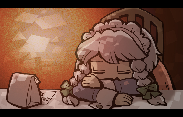hounori, izayoi sakuya, touhou, bad id, bad pixiv id, 1girl, bag, braid, female focus, indoors, letterboxed, maid, paper bag, sleeping, solo, twin braids, upper body