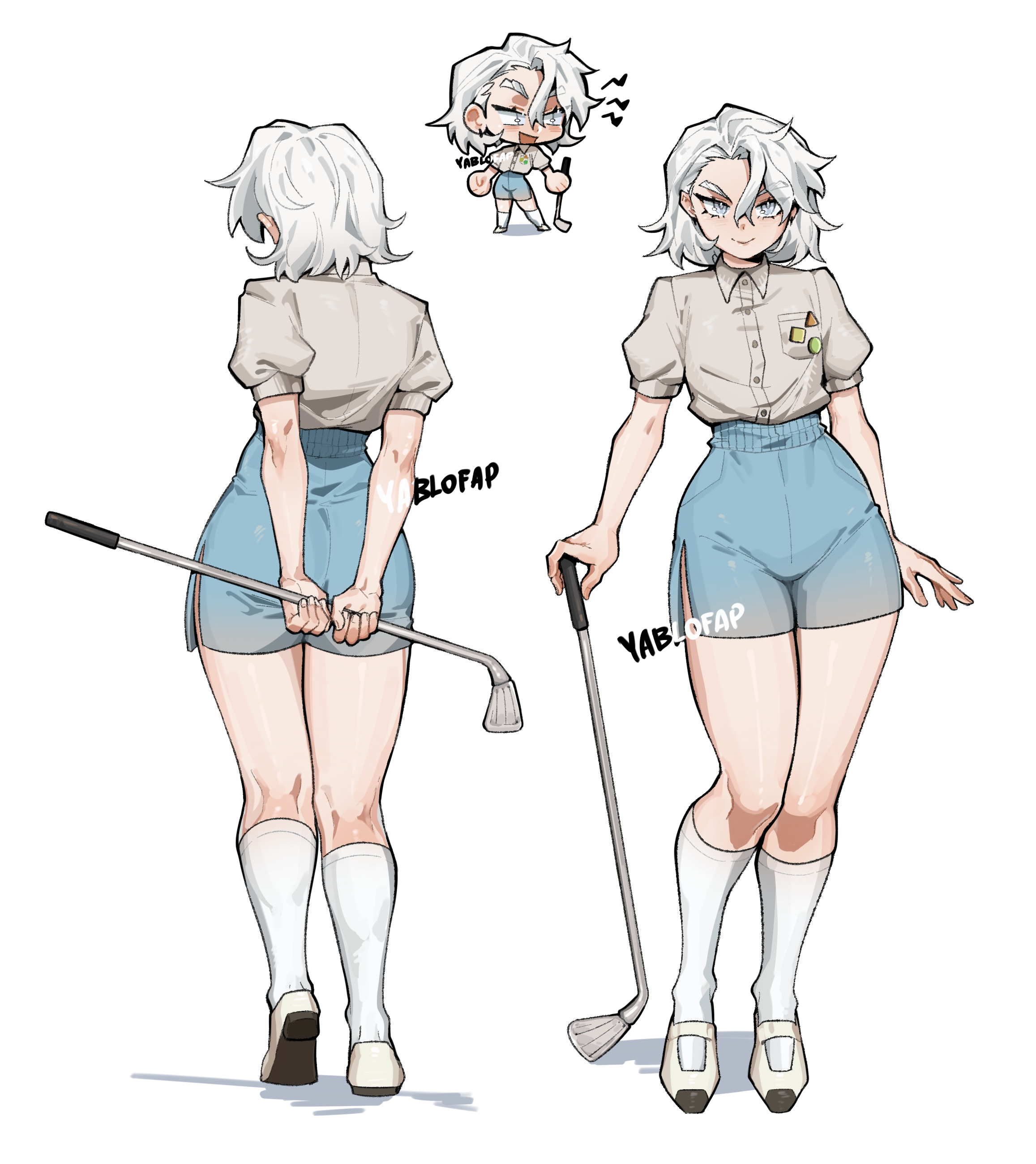 alohapz, original, absurdres, highres, 1girl, ass, blue shorts, brown shirt, chibi, closed mouth, collared shirt, golf club, grey eyes, grey hair, holding, holding golf club, kneehighs, looking at viewer, open mouth, shirt, shoes, short hair, short sleeves, shorts, simple background, socks, solo, white background, white shoes, white socks