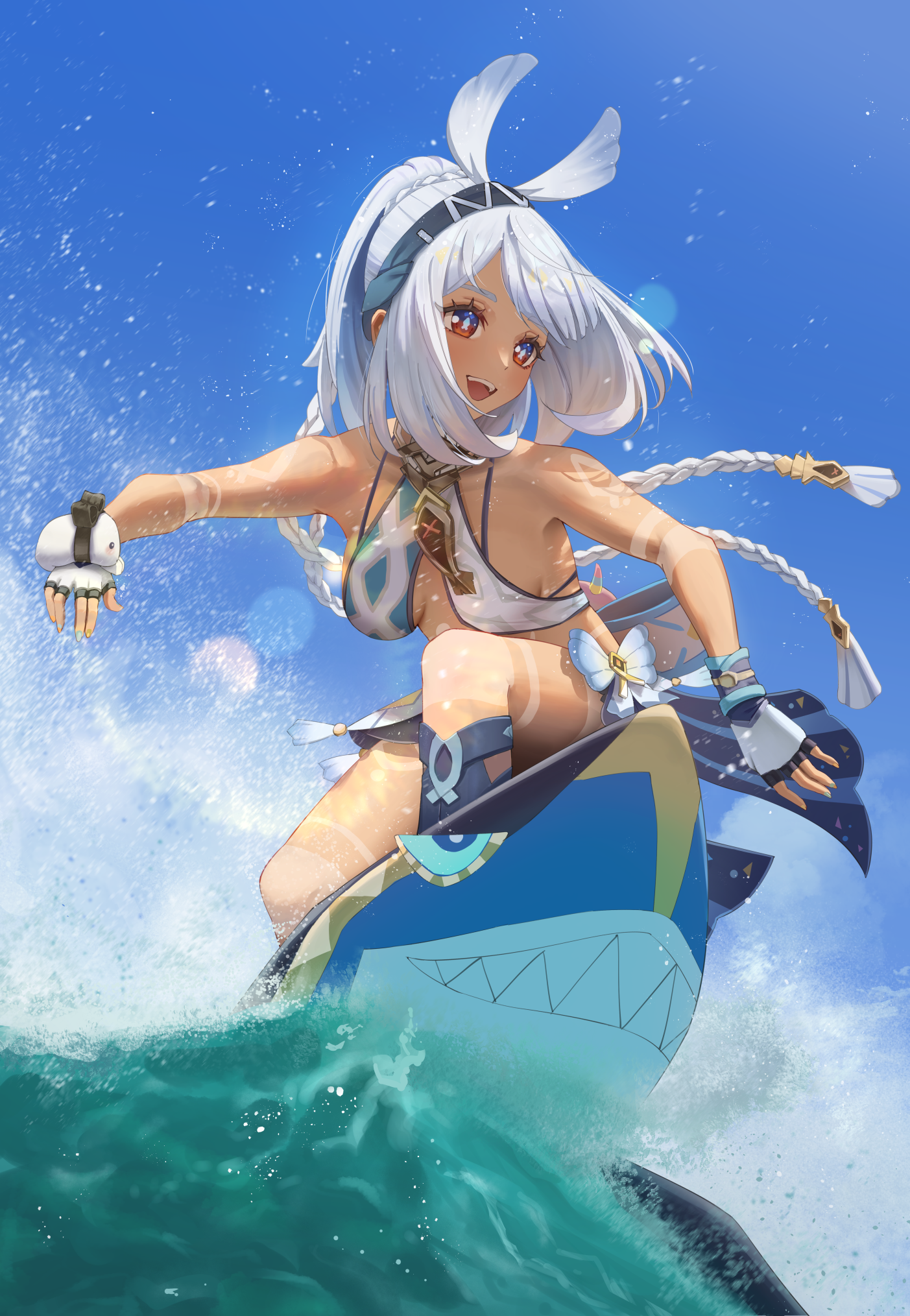 hry2501, mualani (genshin impact), genshin impact, commentary request, highres, 1girl, :d, blue hairband, blue sky, body markings, braid, breasts, breasts apart, brown eyes, dark-skinned female, dark skin, fingerless gloves, fish-shaped pupils, gloves, hairband, long hair, looking ahead, ocean, open mouth, sky, smile, solo, stomach, surfing, water, white gloves