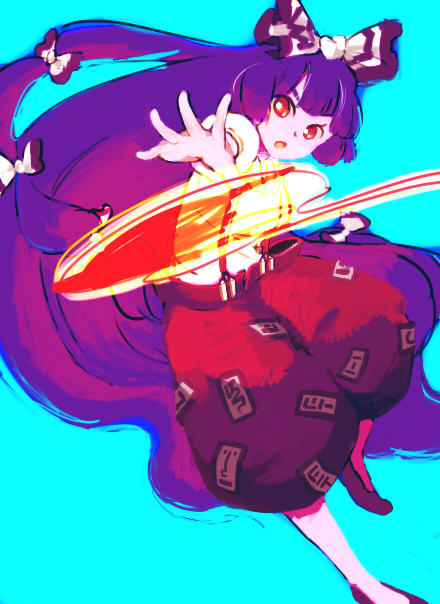 as (ashyblown), fujiwara no mokou, touhou, bad id, bad pixiv id, 1girl, bow, female focus, fire, hair bow, hair ornament, long hair, multiple hair bows, open mouth, pants, purple hair, red eyes, solo, suspenders, very long hair