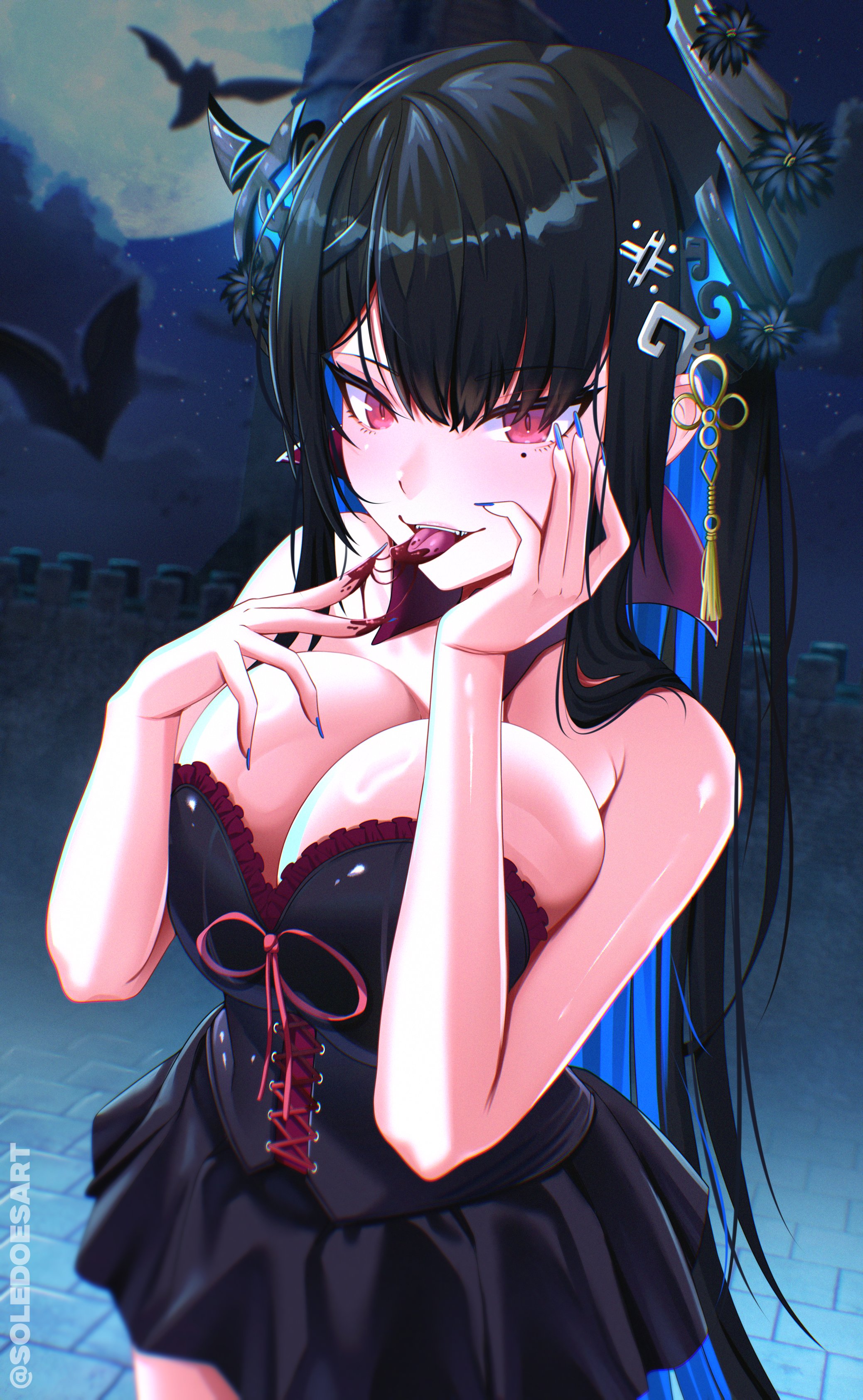 solevisionarts, nerissa ravencroft, hololive, hololive english, absurdres, commentary, english commentary, highres, 1girl, bat (animal), black corset, black hair, blood, blood on hands, breasts, corset, hair ornament, horns, large breasts, long hair, multicolored hair, night, red eyes, solo, tongue, tongue out, virtual youtuber