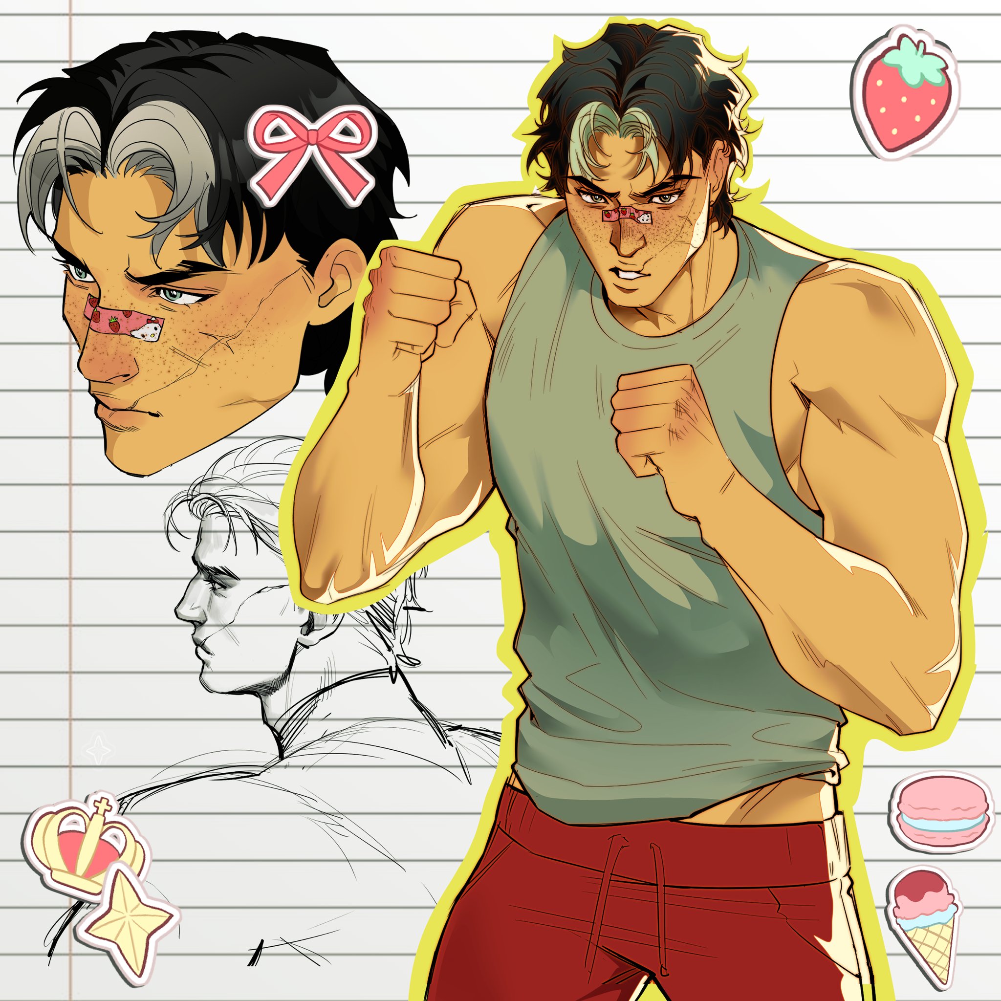 jason todd, batman (series), dc comics, highres, 1boy, black hair, blue eyes, bodysuit, clenched hands, deadm4n, facial scar, large pectorals, male focus, multicolored bodysuit, muscular, muscular male, pants, pectorals, scar, scar on cheek, scar on face, short hair, solo, tank top, two-tone bodysuit