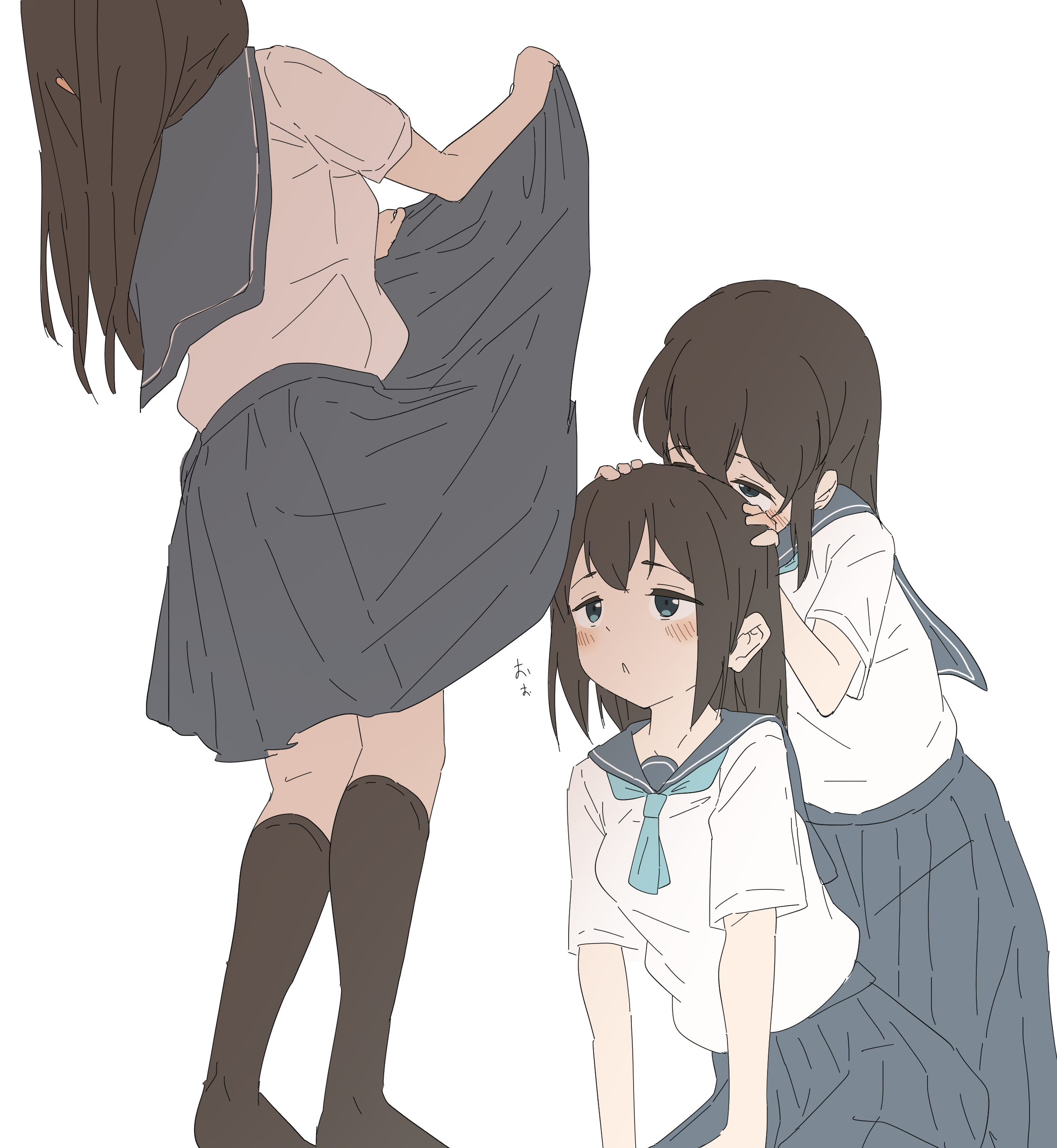 wood pump, tagme, 3girls, clothes lift, multiple girls, school uniform, simple background, skirt, skirt lift, white background, yuri