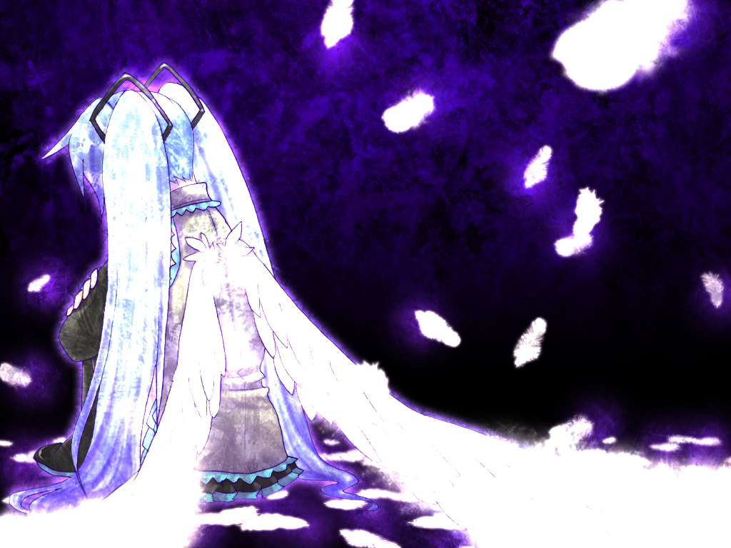 yutu, hatsune miku, vocaloid, angel, aqua hair, detached sleeves, feathers, long hair, sad, sitting, solo, thighhighs, very long hair, wings