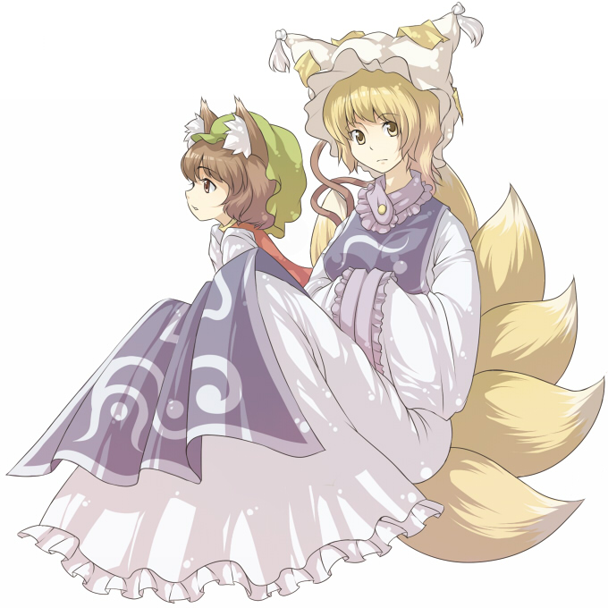 urin, chen, yakumo ran, touhou, 2girls, animal ears, blonde hair, brown eyes, brown hair, cat ears, cat girl, cat tail, female focus, hat, multiple girls, multiple tails, short hair, tail, yellow eyes
