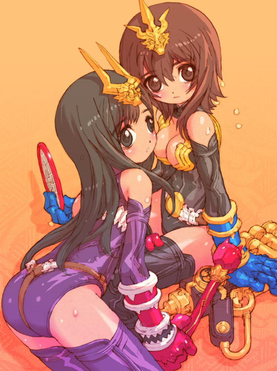 nakayama tooru, kamen rider hibiki, kamen rider ibuki, kamen rider, kamen rider hibiki (series), 2girls, black hair, brown hair, detached sleeves, genderswap, genderswap (mtf), long hair, multiple girls, thighhighs