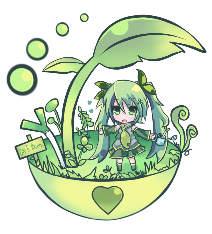 komaki, hatsune miku, vocaloid, bad id, bad pixiv id, 1girl, aqua eyes, aqua hair, chibi, clover, detached sleeves, female focus, four-leaf clover, garden, green theme, hair ribbon, heart, long hair, necktie, plant, ribbon, sign, skirt, solo, spring onion, twintails, very long hair, watering can