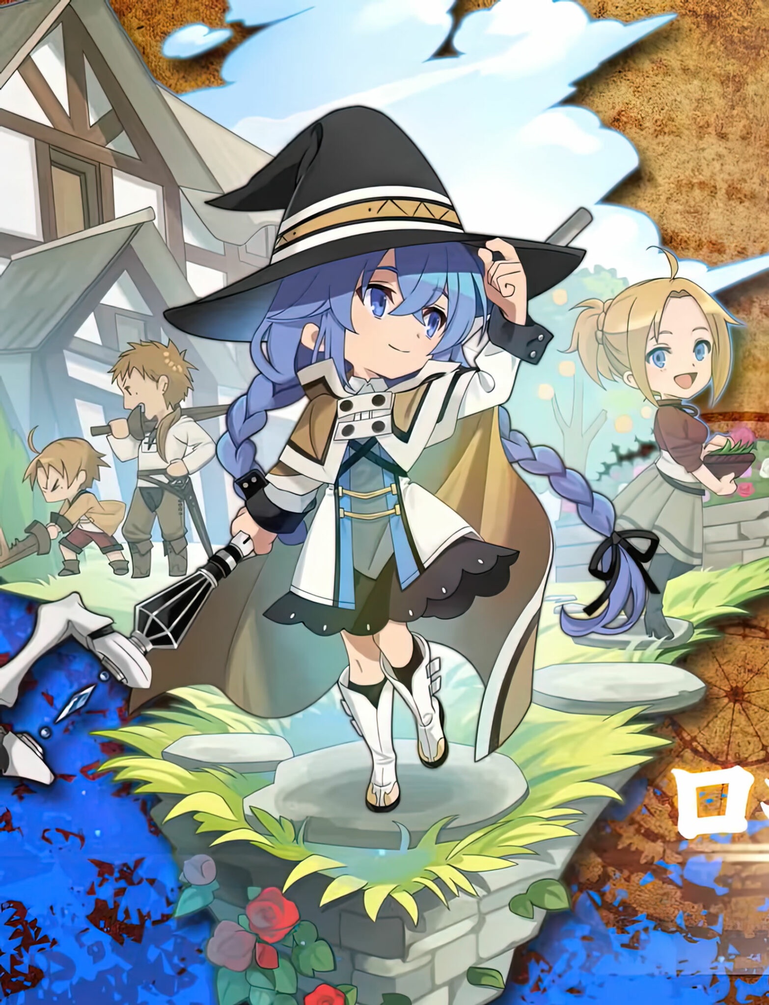 paul greyrat, roxy migurdia, rudeus greyrat, zenith greyrat, mushoku tensei, sevens story, highres, md5 mismatch, official art, resized, upscaled, 2boys, 2girls, ahoge, blonde hair, blue eyes, boots, bow, braid, brown cape, brown hair, cape, chibi, cloud, father and son, flower, flower bush, flower pot, grass, hair between eyes, hair bow, hat, holding, holding flower pot, house, looking at another, mage staff, multiple boys, multiple girls, over shoulder, red flower, staff, sword, sword over shoulder, tree, twin braids, weapon, weapon over shoulder, white boots, witch hat, wooden sword
