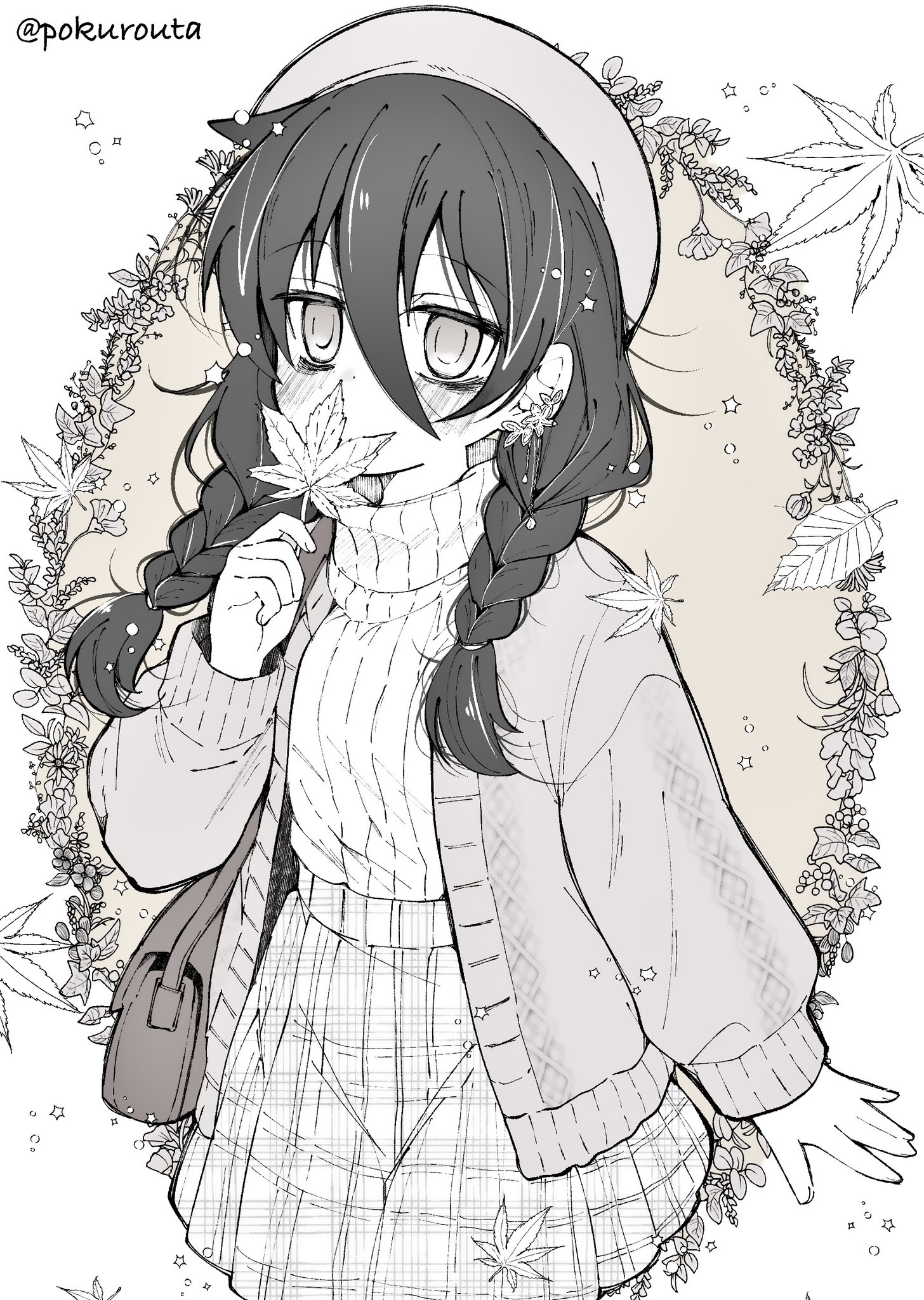 pokuron, kuroki tomoko, watashi ga motenai no wa dou kangaetemo omaera ga warui!, commentary request, highres, 1girl, bag, bags under eyes, beret, cardigan, covering own mouth, earrings, greyscale, handbag, hat, holding, holding leaf, jewelry, leaf, monochrome, plaid clothes, plaid skirt, ribbed sweater, skirt, solo, sweater, turtleneck, turtleneck sweater, twitter username, upper body