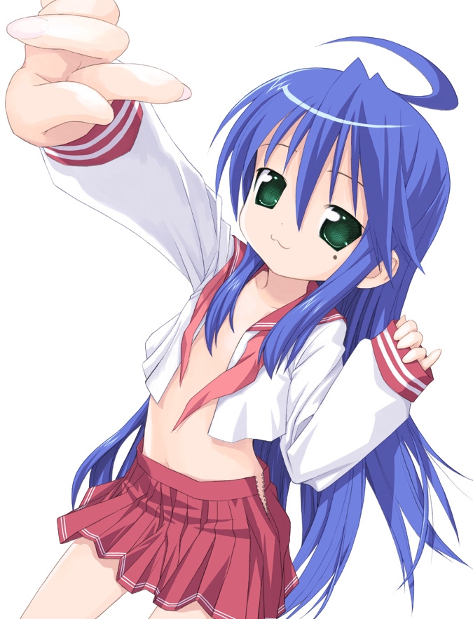 kiira, izumi konata, lucky star, 00s, 1girl, :3, ahoge, blue hair, female focus, flat chest, green eyes, long hair, mole, mole under eye, neckerchief, no bra, open clothes, open shirt, school uniform, serafuku, shirt, skirt, solo, undone neckerchief