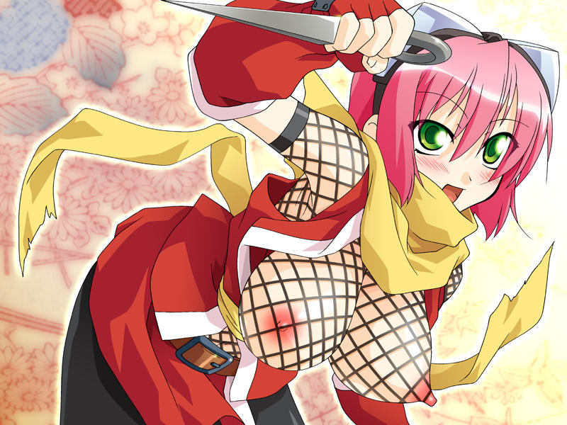 izuna (gouma reifuden izuna), gouma reifuden izuna, belt, blush, breasts, covered erect nipples, fishnet top, fishnets, goggles, green eyes, kunai, large breasts, ninja, nipples, pink hair, scarf, smile, solo, weapon