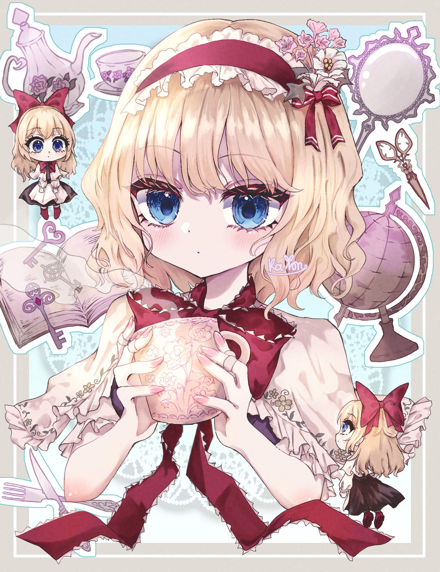 kayon (touzoku), alice margatroid, hourai doll, touhou, commentary, highres, 3girls, apron, black dress, blonde hair, blue eyes, blush, book, bow, capelet, cropped torso, cup, dress, fingernails, flower, fork, frilled capelet, frilled hairband, frills, globe, hair bow, hair flower, hair ornament, hairband, holding, holding cup, jewelry, key, knife, looking at viewer, mirror, mug, multiple girls, multiple rings, nail polish, neck ribbon, puppet rings, red bow, red ribbon, ribbon, ring, scissors, signature, teacup, teapot, upper body, white apron, white capelet