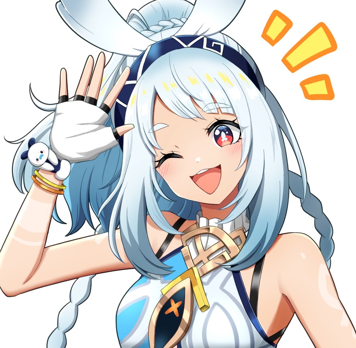 raid (minmiru), mualani (genshin impact), genshin impact, commentary, arm up, bare shoulders, blue hair, body markings, bracelet, braid, breasts, dark-skinned female, dark skin, fingerless gloves, fish-shaped pupils, gloves, jewelry, notice lines, red eyes, simple background, upper body, white background, white gloves