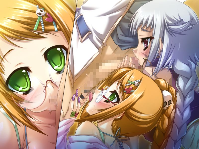 gakushin (koihime musou), hongou kazuto, riten (koihime musou), ukin (koihime musou), koihime musou, silver hair, game cg, 00s, 1boy, 3girls, anilingus, blue eyes, blush, braid, breasts, brown hair, censored, fellatio, female rimming male, freckles, glasses, green eyes, group sex, licking, multiple girls, nail polish, oral, penis, ponytail, purple eyes, purple hair, sandwiched, scar, single braid, testicle sucking, testicles