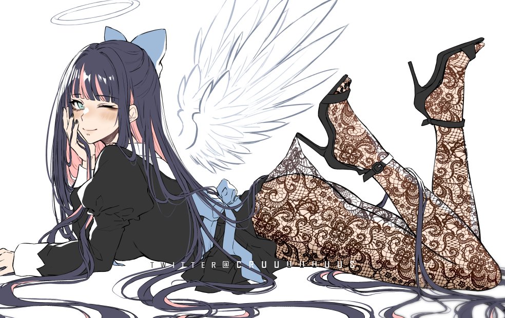 criis-chan, stocking (psg), panty & stocking with garterbelt, 1girl, ass, black dress, cross-laced pantyhose, dress, halo, high heels, lace pantyhose, lace pantyhose hooked on heel (meme), legs, long hair, looking at viewer, lying, meme, multicolored hair, on stomach, one eye closed, pantyhose, simple background, solo, twitter username, very long hair, white background