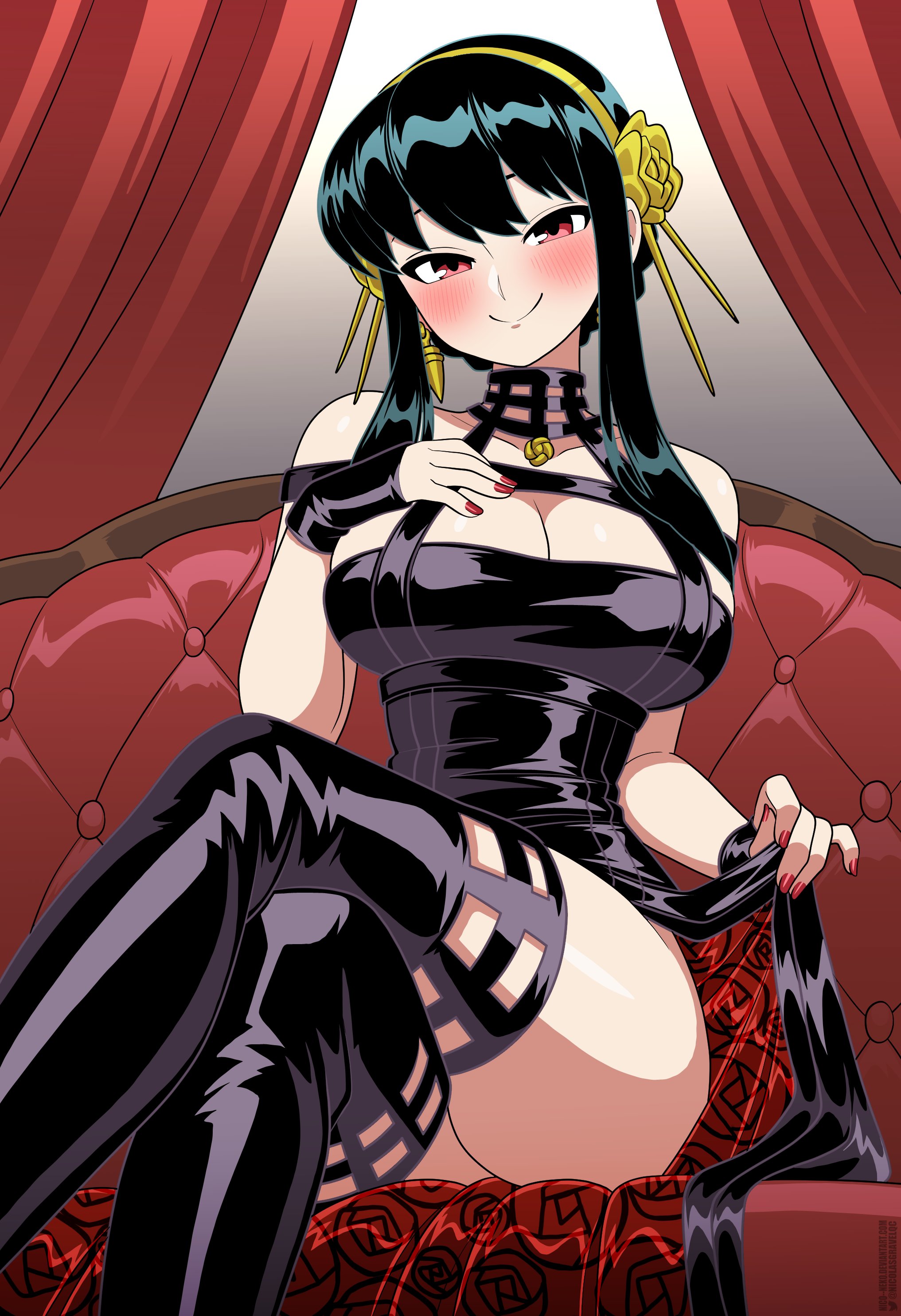 nico-neko, yor briar, spy x family, absurdres, highres, 1girl, ass, bare shoulders, black dress, black hair, blush, breasts, cleavage, curtains, dress, earrings, gold earrings, gold hairband, hair ornament, hairband, jewelry, large breasts, looking at viewer, nail polish, red eyes, sidelocks, sitting, smile, solo