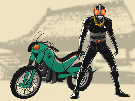 battle hopper, kamen rider black, kamen rider, kamen rider black (series), vehicle, 1boy, antennae, belt, male focus, motor vehicle, motorcycle, solo