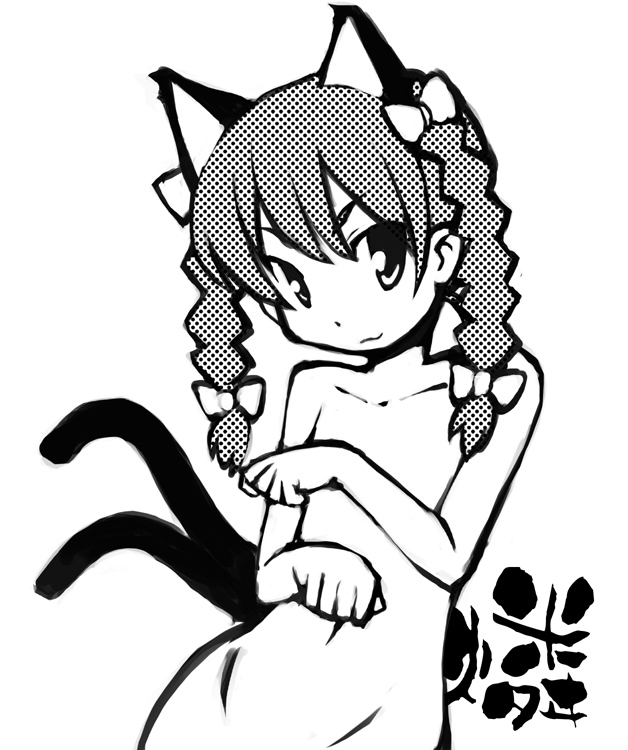 kanno, kaenbyou rin, touhou, 1girl, animal ears, braid, cat ears, cat girl, cat tail, female focus, flat chest, greyscale, halftone, high contrast, monochrome, multiple tails, nude, solo, tail, twin braids