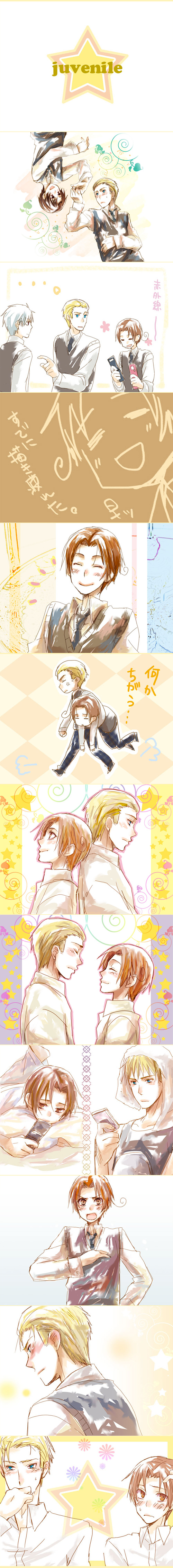 germany (hetalia), northern italy (hetalia), prussia (hetalia), axis powers hetalia, absurdres, highres, long image, tall image, 00s, 4boys, male focus, multiple boys, yaoi