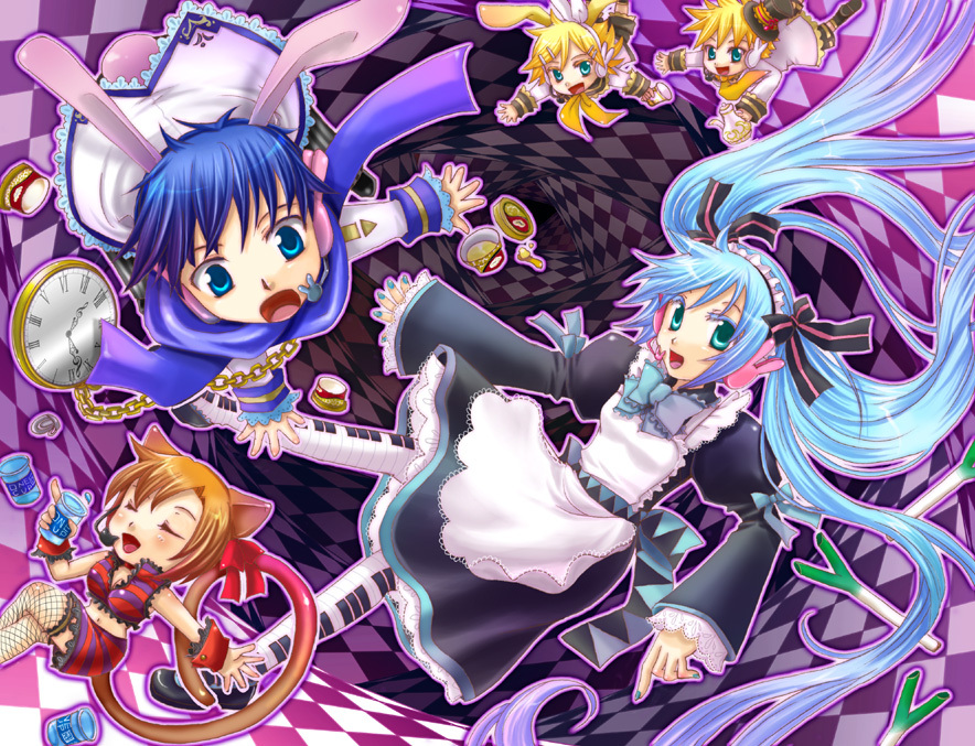 yutu, alice (alice in wonderland), cheshire cat (alice in wonderland), hatsune miku, kagamine len, kagamine rin, kaito (vocaloid), mad hatter (alice in wonderland), march hare (wonderland), meiko (vocaloid), white rabbit (alice in wonderland), alice's adventures in wonderland, vocaloid, fishnet legwear, 2boys, 3girls, animal ears, blue scarf, cat ears, cat tail, cup, dress, fishnets, food, hair ribbon, headset, ice cream, long hair, multiple boys, multiple girls, pantyhose, pocket watch, rabbit ears, ribbon, scarf, spring onion, tail, teacup, teapot, thighhighs, very long hair, watch