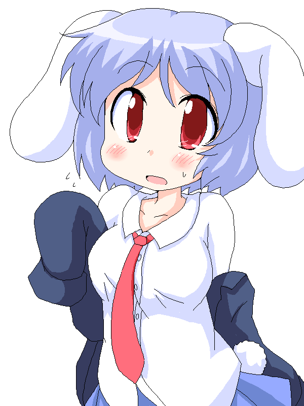 geetsu, reisen, touhou, 1girl, animal ears, blush, breasts, female focus, oekaki, open mouth, rabbit ears, rabbit tail, red eyes, short hair, simple background, skirt, solo, tail, undressing, white background