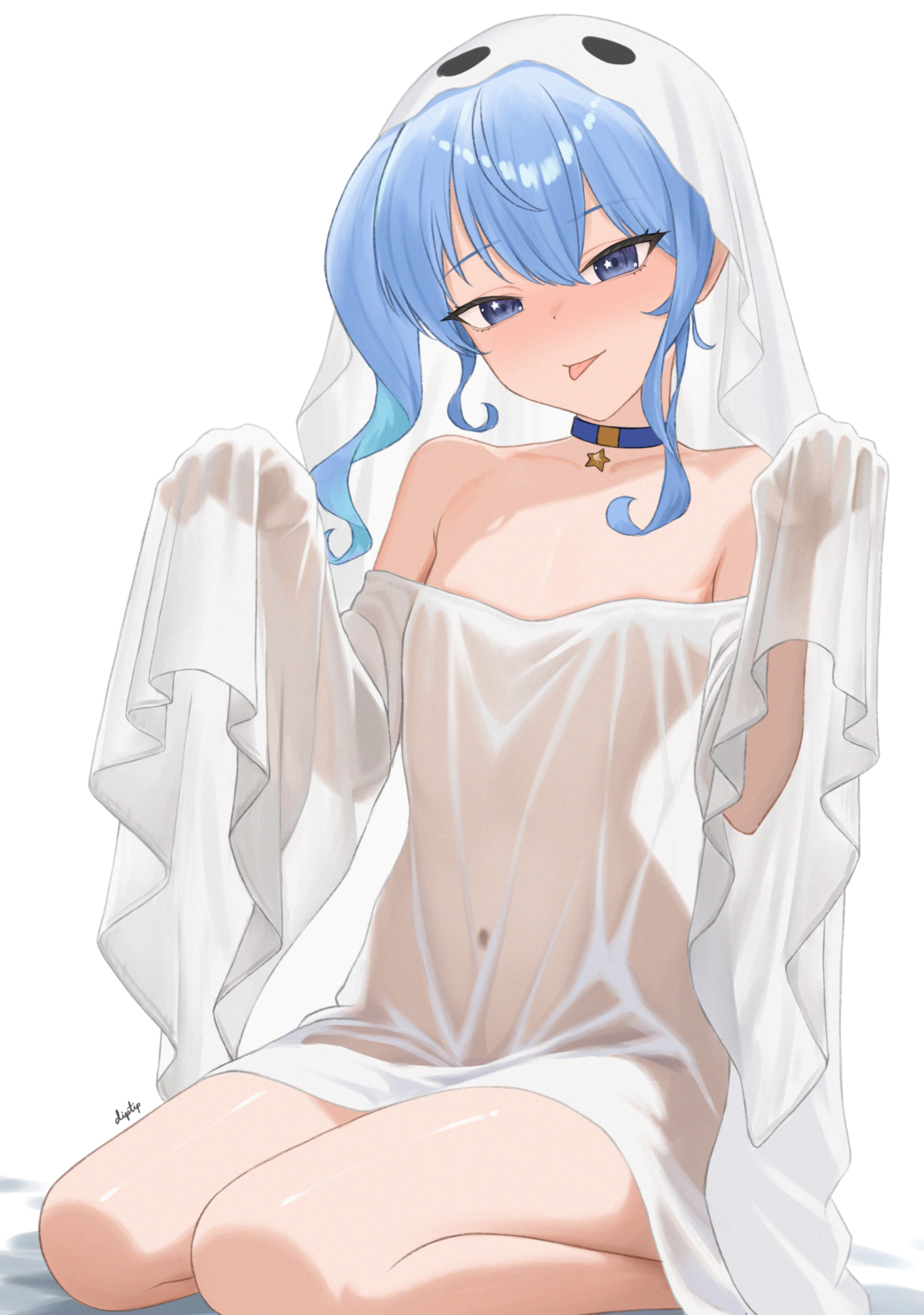diptip, hoshimachi suisei, hololive, naked dress, absurdres, commentary, english commentary, highres, paid reward available, 1girl, asymmetrical sidelocks, bed sheet, blue choker, blue eyes, blue hair, blue ribbon, choker, covered navel, double-parted bangs, dress, flat chest, full body, ghost costume, hair between eyes, hair ribbon, long sleeves, looking at viewer, medium hair, pendant choker, ribbon, see-through silhouette, short dress, side ponytail, sidelocks, simple background, sitting, sleeves past fingers, sleeves past wrists, solo, star (symbol), star choker, star in eye, symbol in eye, virtual youtuber, white background, wide sleeves