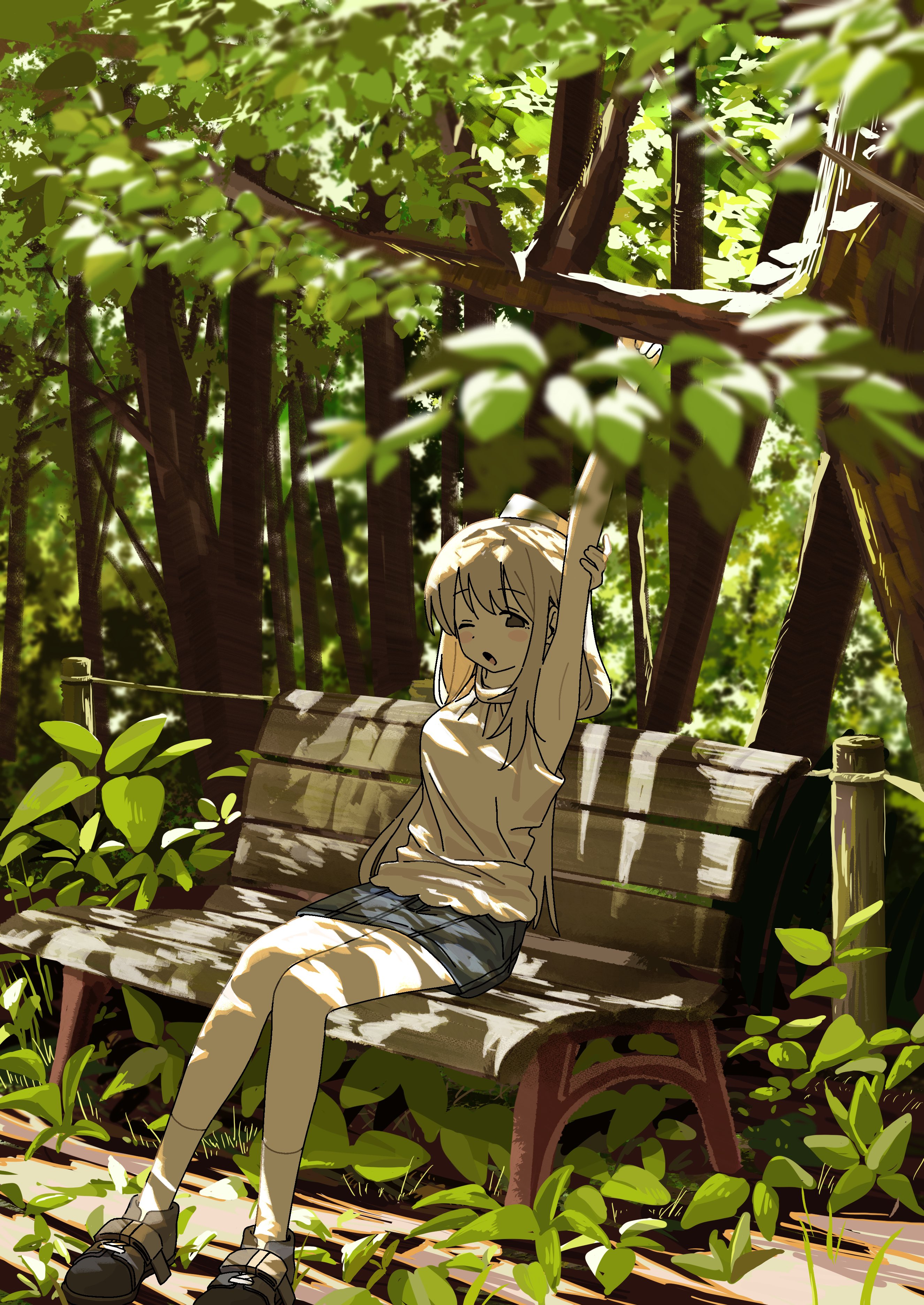 7ben9i, absurdres, highres, 1girl, blonde hair, blue skirt, brown eyes, dappled sunlight, denim, denim skirt, forest, green theme, medium hair, miniskirt, nature, on bench, one eye closed, open mouth, outdoors, shoes, sitting, skirt, socks, solo, stretching, sunlight, white socks, yawning