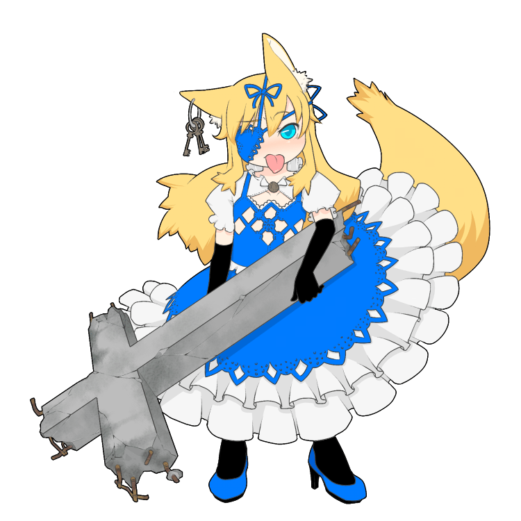 torque, animal ears, blonde hair, blue eyes, dress, earrings, elbow gloves, eyepatch, fox ears, fox tail, gloves, jewelry, key, long hair, solo, tail, tongue