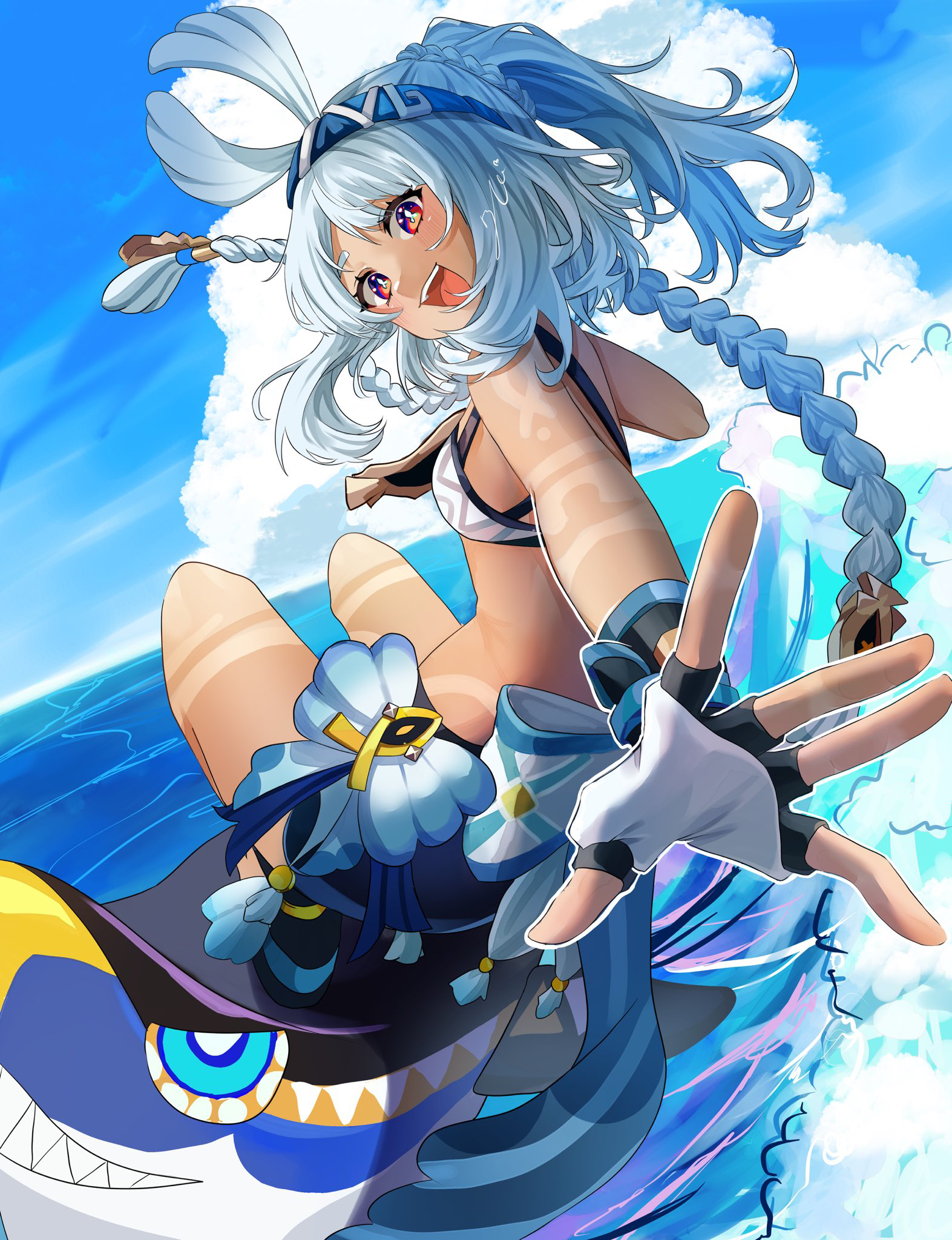 izumi no yasushi aya, mualani (genshin impact), genshin impact, highres, 1girl, :d, blue hairband, blue sky, body markings, braid, breasts, cloud, dark-skinned female, dark skin, fingerless gloves, full body, gloves, hairband, looking at viewer, ocean, open mouth, red eyes, sky, smile, solo, stomach, surfing, white gloves