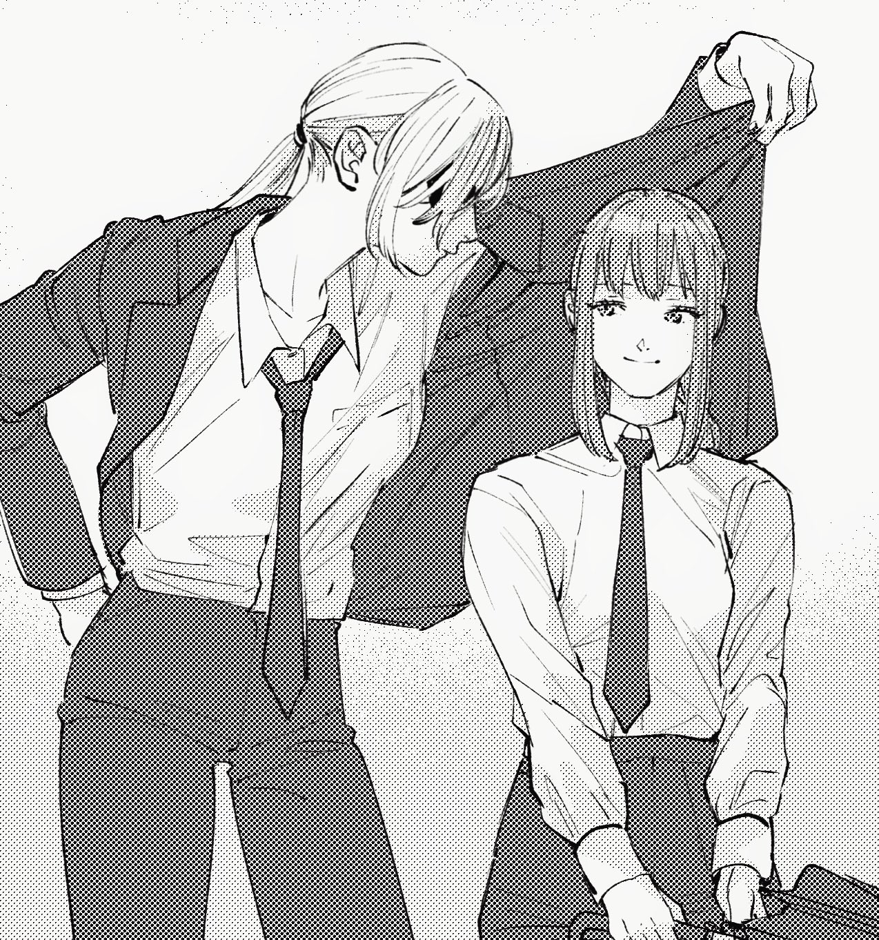 oosawa yayoi, makima (chainsaw man), quanxi (chainsaw man), chainsaw man, highres, 2girls, black necktie, black pants, breasts, business suit, collared shirt, eyepatch, formal clothes, long hair, medium breasts, multiple girls, necktie, pants, ponytail, ringed eyes, shirt, shirt tucked in, simple background, smile, suit, white hair, white shirt, yuri