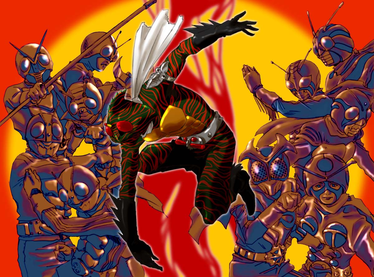 electro wave human tackle, kamen rider 1, kamen rider 2, kamen rider amazon, kamen rider stronger, kamen rider super-1, kamen rider v3, kamen rider x, kamen rider zx, riderman, skyrider, kamen rider, kamen rider (1st series), 1girl, 6+boys, antennae, armlet, belt, gloves, horns, jewelry, multiple boys, scarf, single horn, staff