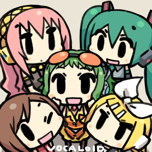 chan co, gumi, hatsune miku, kagamine rin, megurine luka, meiko (vocaloid), vocaloid, beige background, 5girls, :d, :o, ;d, aqua hair, black eyes, blonde hair, blush, bow, brown hair, chibi, copyright name, detached sleeves, from above, goggles, goggles on head, green hair, hair between eyes, hair ornament, hairclip, headphones, light frown, long hair, looking at another, looking at viewer, multiple girls, necktie, one eye closed, open mouth, pink hair, short hair, simple background, smile, surrounded, twintails, white bow