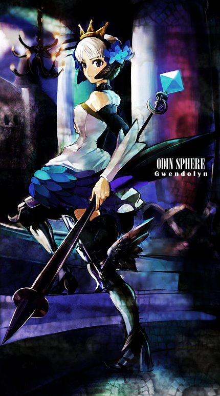 nishioka tomozou, gwendolyn (odin sphere), odin sphere, 1girl, armor, armored dress, blunt bangs, character name, copyright name, crown, dress, female focus, from side, leg wings, low wings, polearm, solo, spear, strapless, strapless dress, thighhighs, weapon, wings