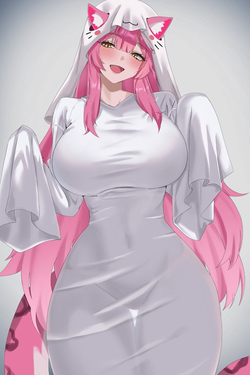 yobi (ybpac18), raora panthera, hololive, hololive english, commentary, english commentary, highres, 1girl, animal ears, blush, breasts, covered navel, dress, fang, ghost costume, grey background, huge breasts, long hair, long sleeves, looking at viewer, multicolored hair, open mouth, panther ears, panther girl, panther tail, pink hair, pink tail, see-through silhouette, sleeves past fingers, sleeves past wrists, smile, solo, streaked hair, tail, thighs, two-tone hair, virtual youtuber, white dress, white hair, white hood, yellow eyes