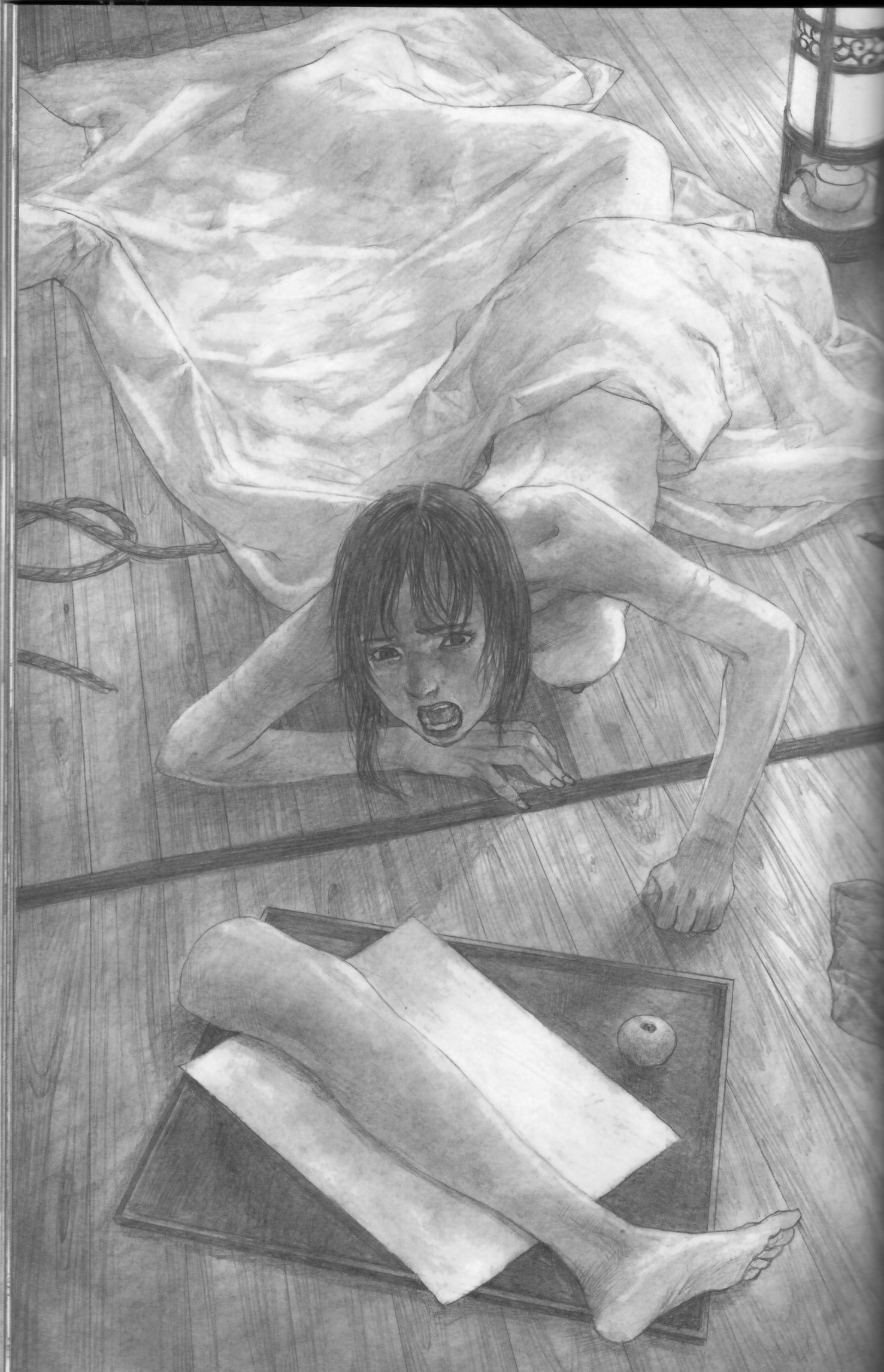 hiroaki samura, highres, scan, amputee, black hair, blanket, breakfast, breasts, floor, food, guro, lamp, monochrome, nipples, nude, open mouth, pencil, realistic, rope, rope burn, short hair, solo, surprised