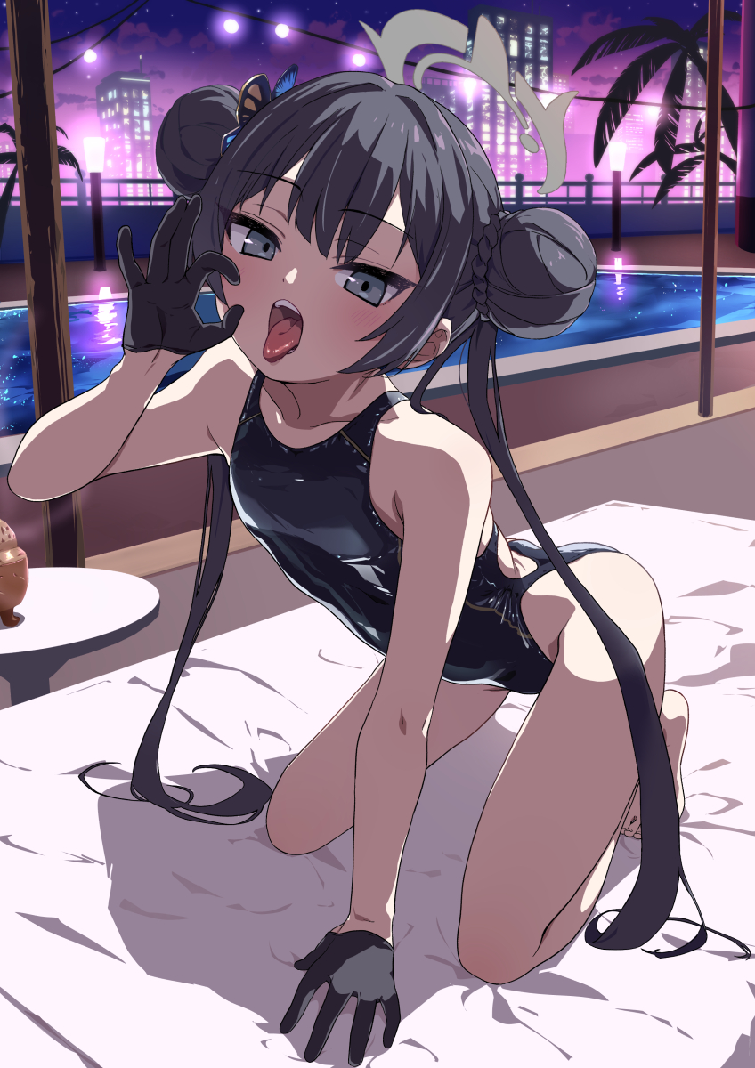 null mayu, kisaki (blue archive), blue archive, highres, 1girl, all fours, black gloves, black hair, black one-piece swimsuit, braid, braided bun, butterfly hair ornament, cityscape, double bun, fellatio gesture, gloves, grey eyes, hair bun, hair ornament, looking at viewer, one-piece swimsuit, open mouth, petite, pool, solo, swimsuit, tongue, tongue out, twintails