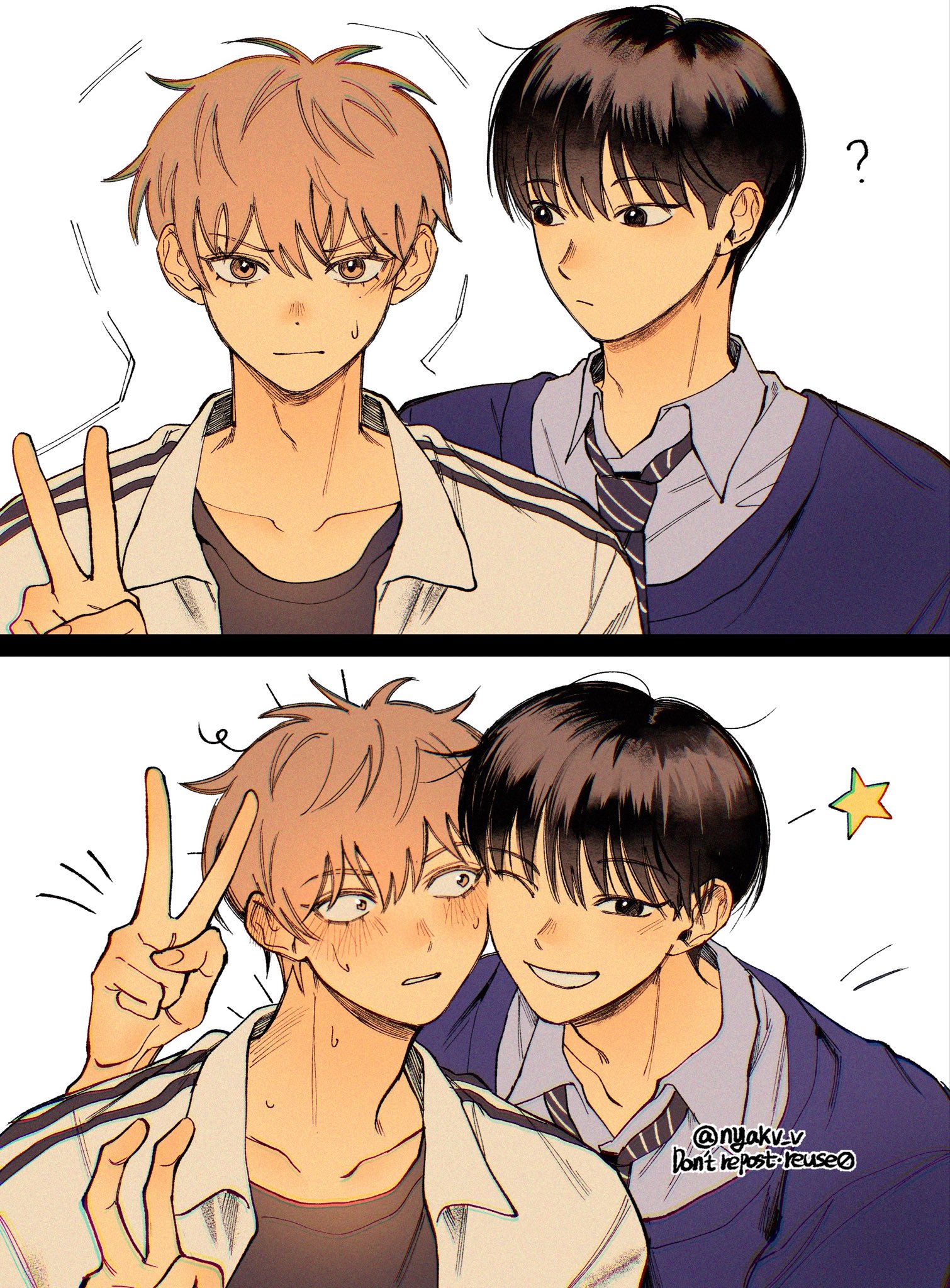 original, commentary, highres, 2boys, ?, black hair, black shirt, brown eyes, collared shirt, diagonal-striped clothes, diagonal-striped necktie, grey shirt, grin, jacket, looking at another, looking at viewer, male focus, multiple boys, necktie, nyakv v, shirt, short hair, simple background, smile, star (symbol), striped clothes, upper body, white background, yaoi