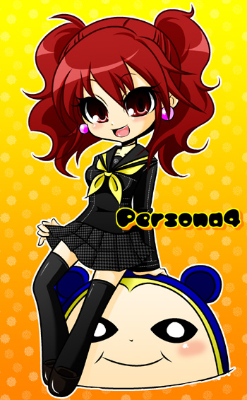 ichigou miya, kujikawa rise, kuma (persona 4), atlus, persona, persona 4, 1girl, :d, black skirt, blush, brown eyes, brown hair, chibi, full body, looking at viewer, open mouth, pleated skirt, school uniform, serafuku, skirt, smile, thighhighs, twintails, zettai ryouiki