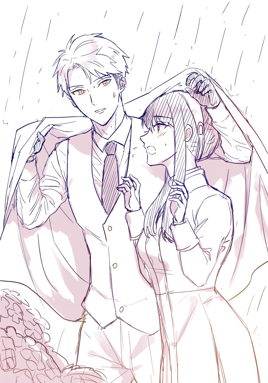 dashimakick, twilight (spy x family), yor briar, spy x family, highres, 1boy, 1girl, black hair, blonde hair, blush, breasts, dress, earrings, formal clothes, gold earrings, green suit, hairband, hetero, husband and wife, jewelry, long hair, long sleeves, open mouth, shirt, short hair, sidelocks, smile, suit