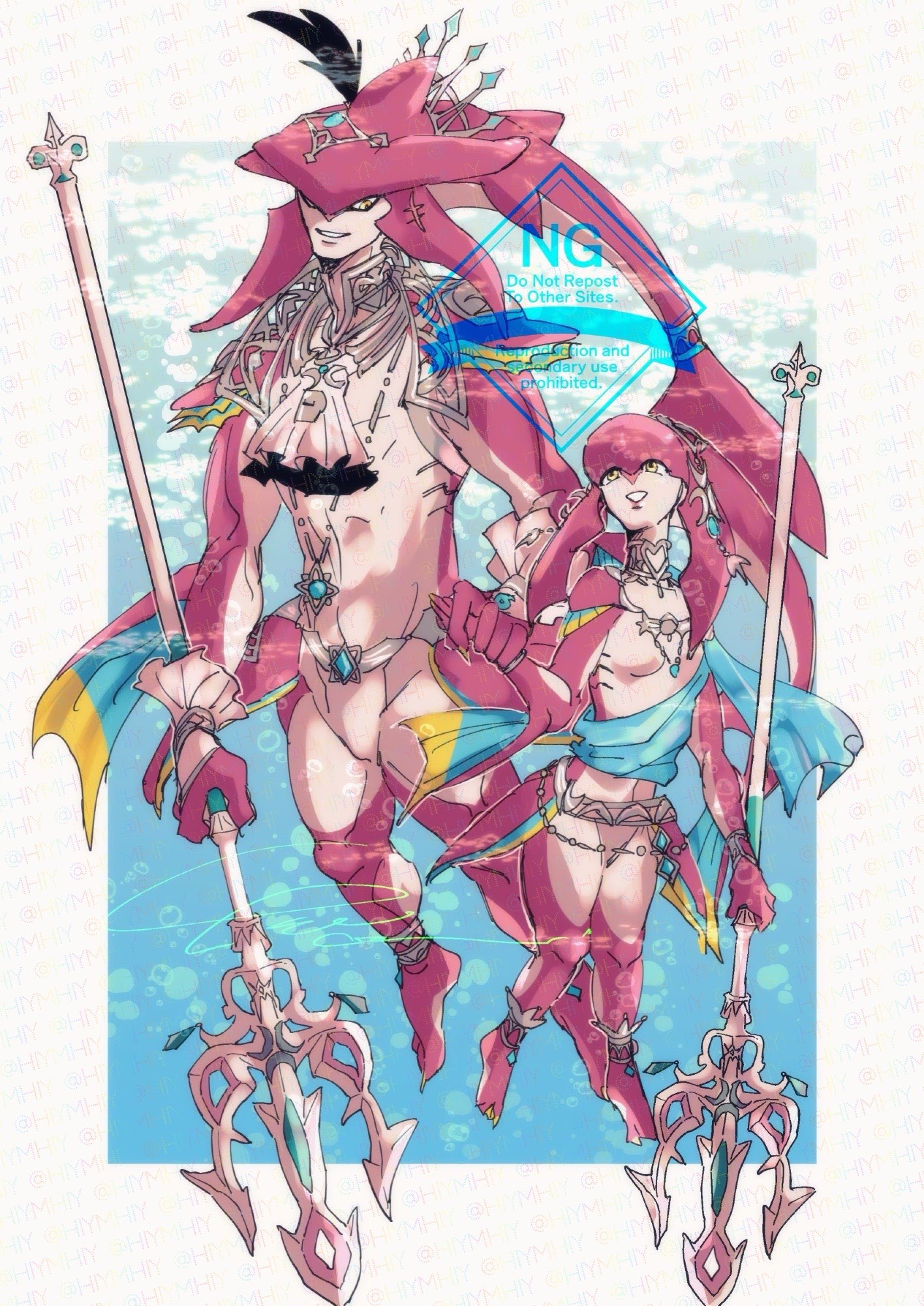 mipha, sidon, nintendo, the legend of zelda, the legend of zelda: breath of the wild, highres, 1boy, 1girl, ascot, blue sash, border, breasts, brother and sister, colored skin, fins, fish boy, fish girl, full body, gills, head fins, hiymhiy, holding, holding hands, holding polearm, holding weapon, jewelry, looking at another, medium breasts, monster boy, monster girl, parted lips, polearm, red skin, sash, siblings, smile, weapon, white ascot, white border, yellow eyes, zora