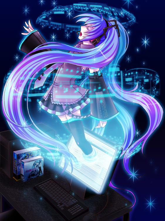 yutu, hatsune miku, vocaloid, aqua hair, computer, computer keyboard, detached sleeves, headset, long hair, musical note, necktie, skirt, solo, star (symbol), thighhighs, twintails, very long hair, zettai ryouiki