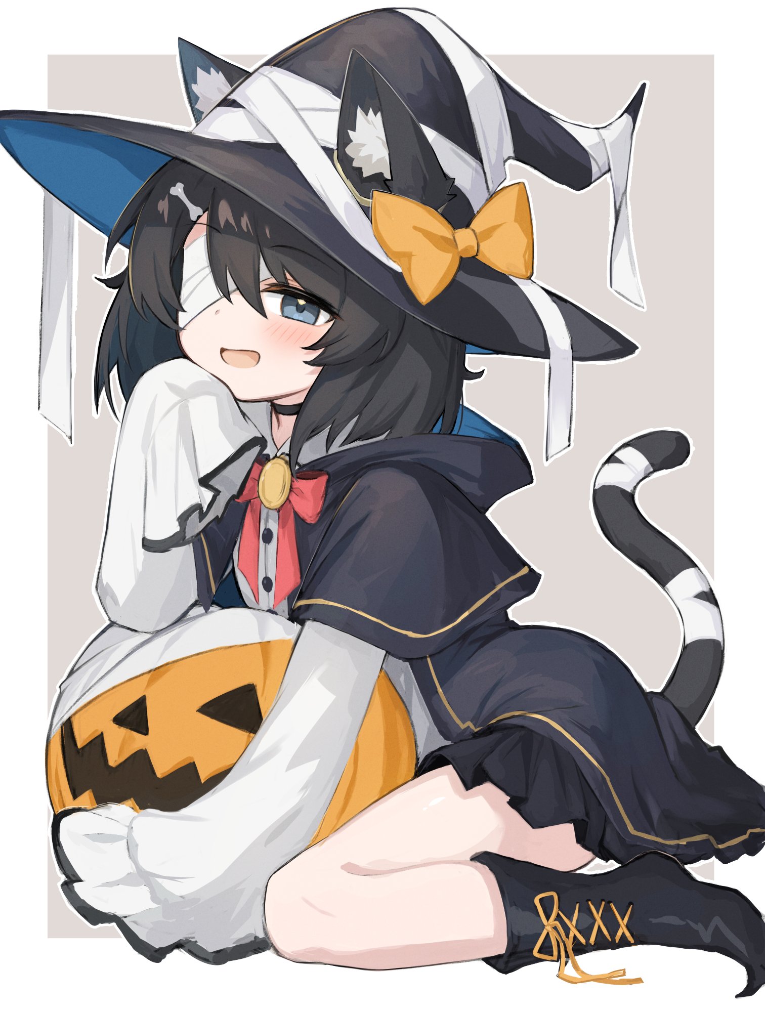 satou (3366 s), kurobane eve (satou (3366 s)), original, highres, 1girl, :d, animal ears, bandage over one eye, bandaged tail, black boots, black capelet, black hair, black skirt, blue eyes, boots, border, capelet, cat ears, cat girl, cat tail, ears through headwear, halloween, halloween costume, hat, hood, hood down, hooded capelet, jack-o'-lantern, long sleeves, looking at viewer, miniskirt, open mouth, pleated skirt, shirt, short hair, simple background, skirt, smile, tail, white border, white shirt, witch, witch hat