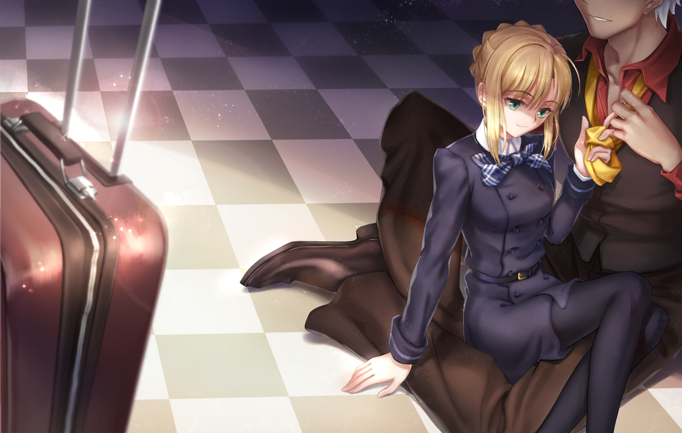 antatica11, archer (fate), artoria pendragon (fate), saber (fate), fate/stay night, fate (series), chinese commentary, commentary request, highres, 1boy, 1girl, black dress, black pantyhose, blonde hair, bow, bowtie, braid, breasts, checkered floor, dark-skinned male, dark skin, dress, green eyes, hetero, indian style, medium breasts, necktie, pantyhose, plaid bow, plaid bowtie, plaid clothes, rolling suitcase, short dress, sitting, sitting on lap, sitting on person, suitcase, undoing another's necktie, white hair, yellow necktie